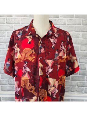 Fresh Prints Men 3XL Festival Geisha Dragon Japan AOP Casual Button Shirt Resort
